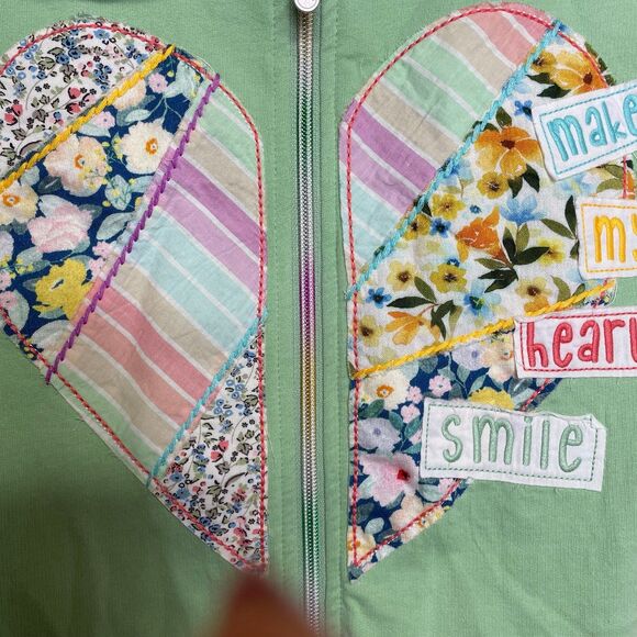 Peek Hoodie Zip Up Patchwork Green Heart Long Sleeve Embroidery Flowers Size 12 - Picture 4 of 7